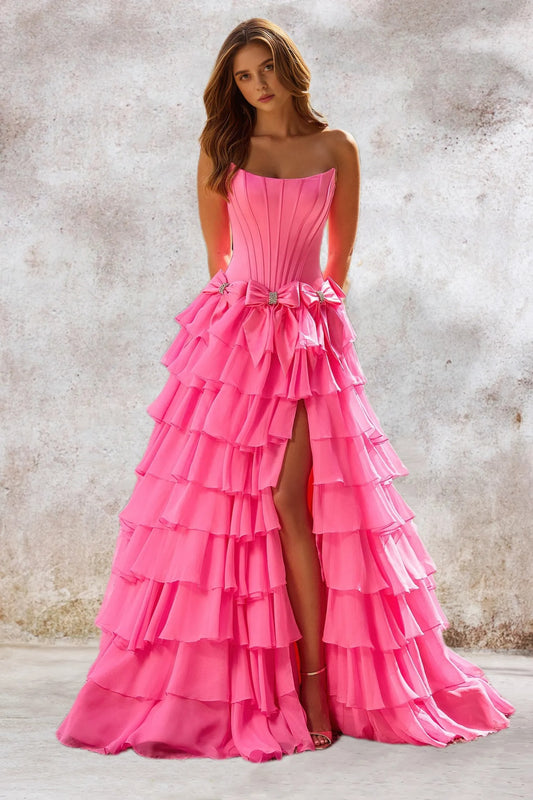 Dressime A Line Strapless Corset Satin Tiered Long Prom Dress With Bow dressime