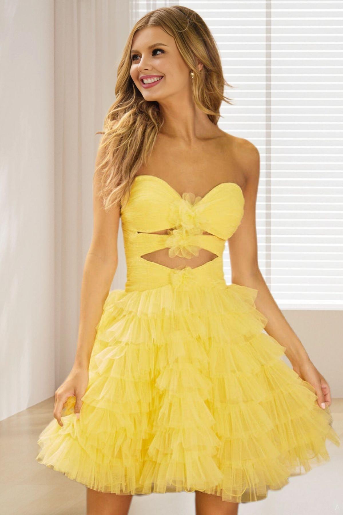 Dressime A Line Strapless Keyhole Tulle ShortMIni Homecoming Dress with Flower dressime