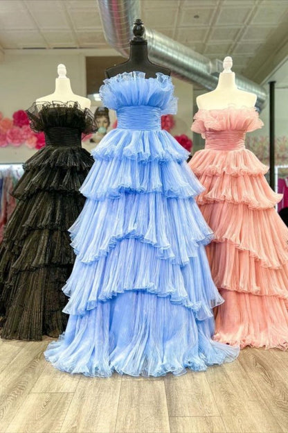 dressimeA Line Strapless Princess Tulle Tiered Layers Ruffles Long Prom Dress 