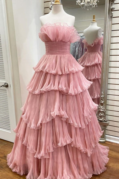 dressimeA Line Strapless Princess Tulle Tiered Layers Ruffles Long Prom Dress 