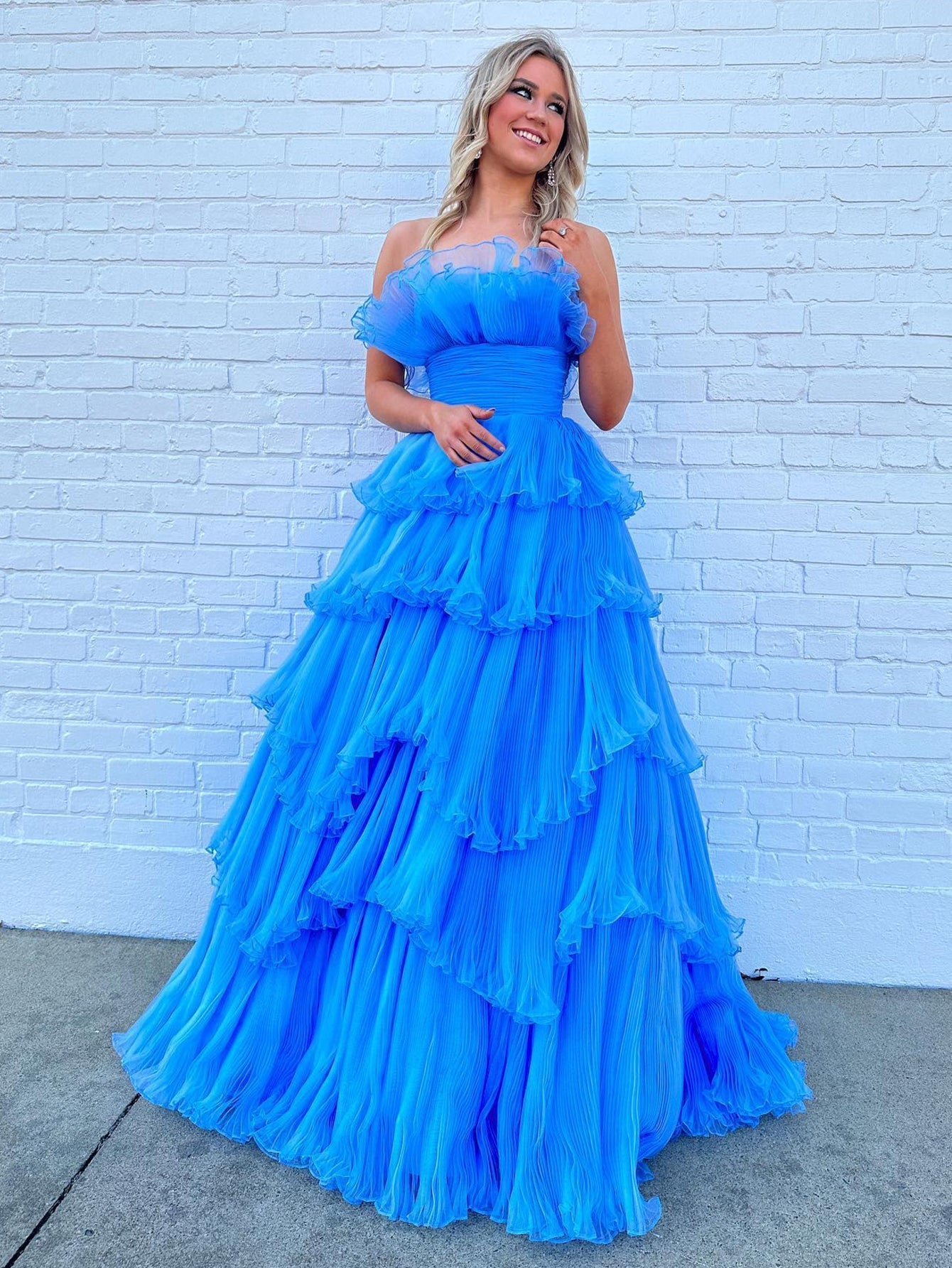 dressimeA Line Strapless Princess Tulle Tiered Layers Ruffles Long Prom Dress 