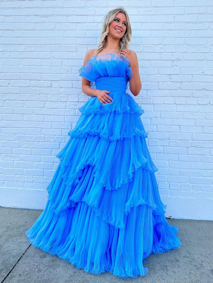 dressimeA Line Strapless Princess Tulle Tiered Layers Ruffles Long Prom Dress 