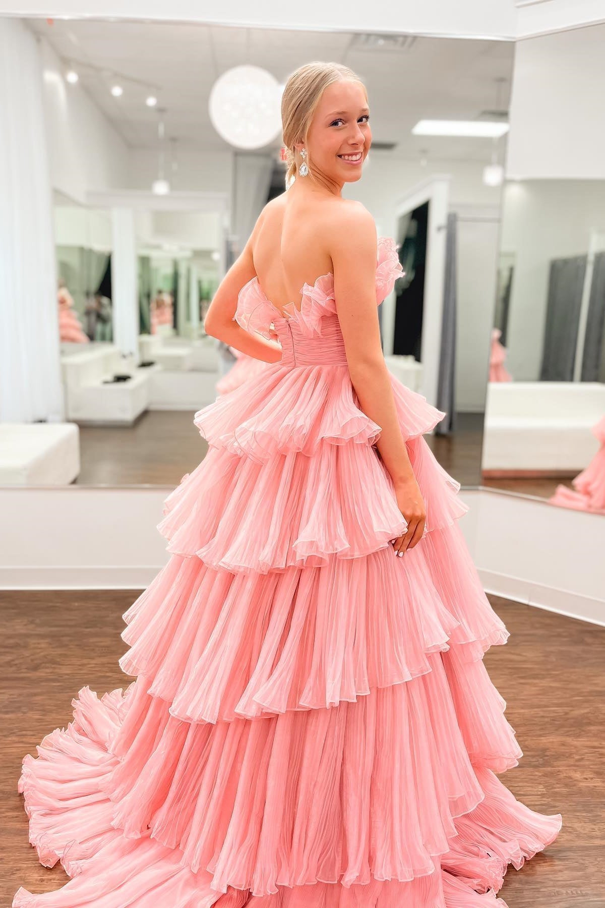 dressimeA Line Strapless Princess Tulle Tiered Layers Ruffles Long Prom Dress 