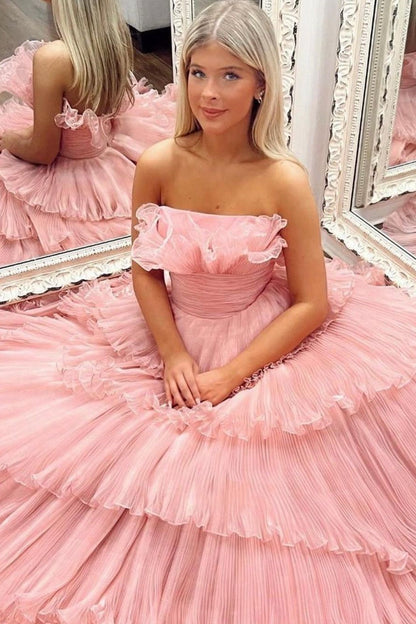 dressimeA Line Strapless Princess Tulle Tiered Layers Ruffles Long Prom Dress 