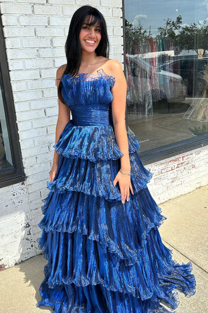 dressimeA Line Strapless Princess Tulle Tiered Layers Ruffles Long Prom Dress 