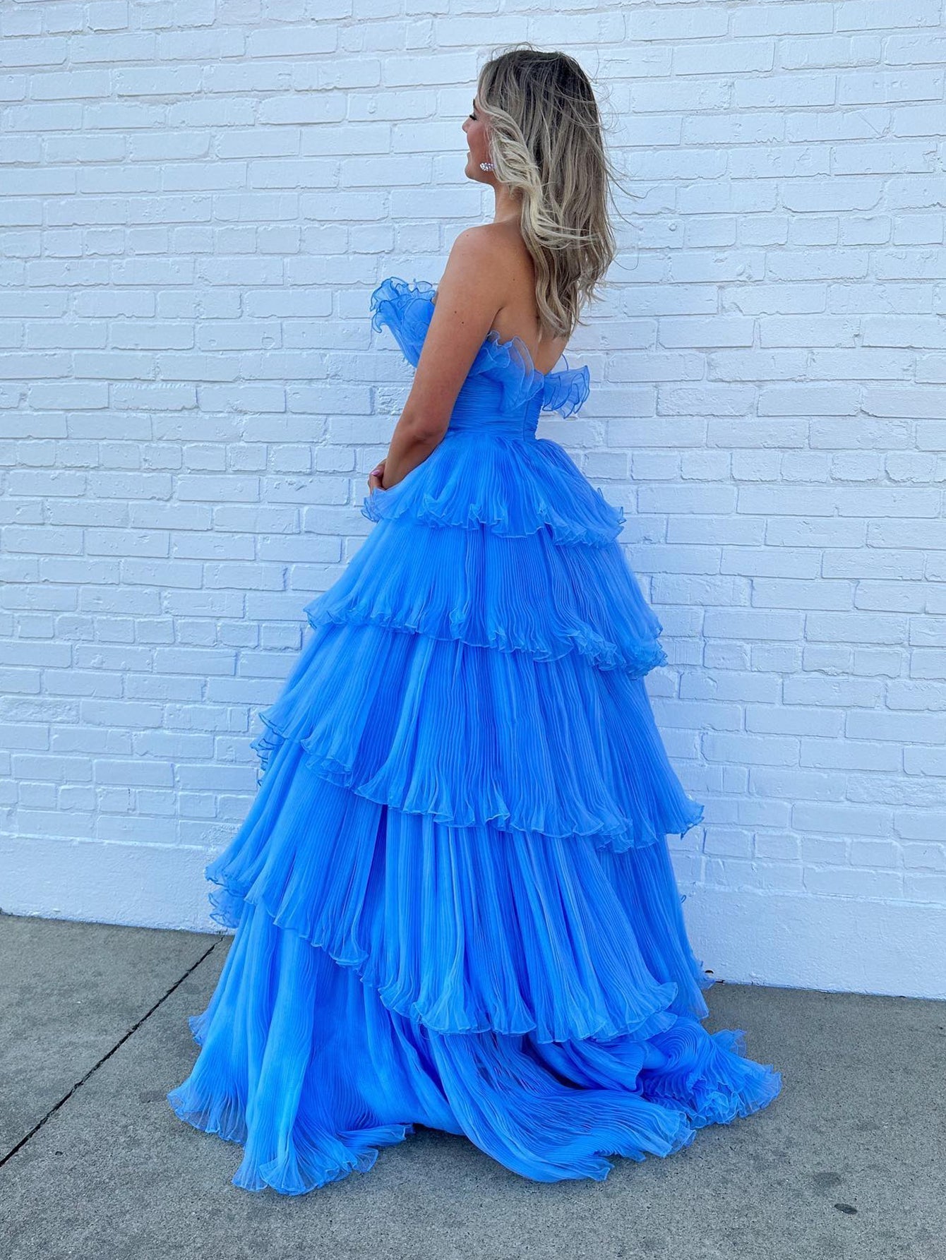 dressimeA Line Strapless Princess Tulle Tiered Layers Ruffles Long Prom Dress 