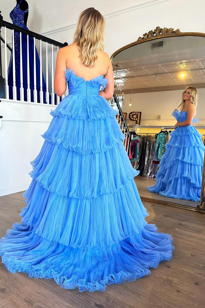 dressimeA Line Strapless Princess Tulle Tiered Layers Ruffles Long Prom Dress 