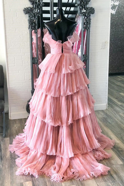 dressimeA Line Strapless Princess Tulle Tiered Layers Ruffles Long Prom Dress 