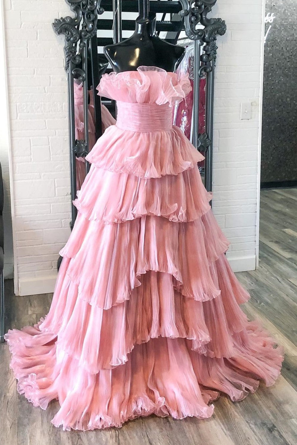 dressimeA Line Strapless Princess Tulle Tiered Layers Ruffles Long Prom Dress 