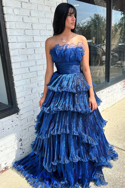 dressimeA Line Strapless Princess Tulle Tiered Layers Ruffles Long Prom Dress 