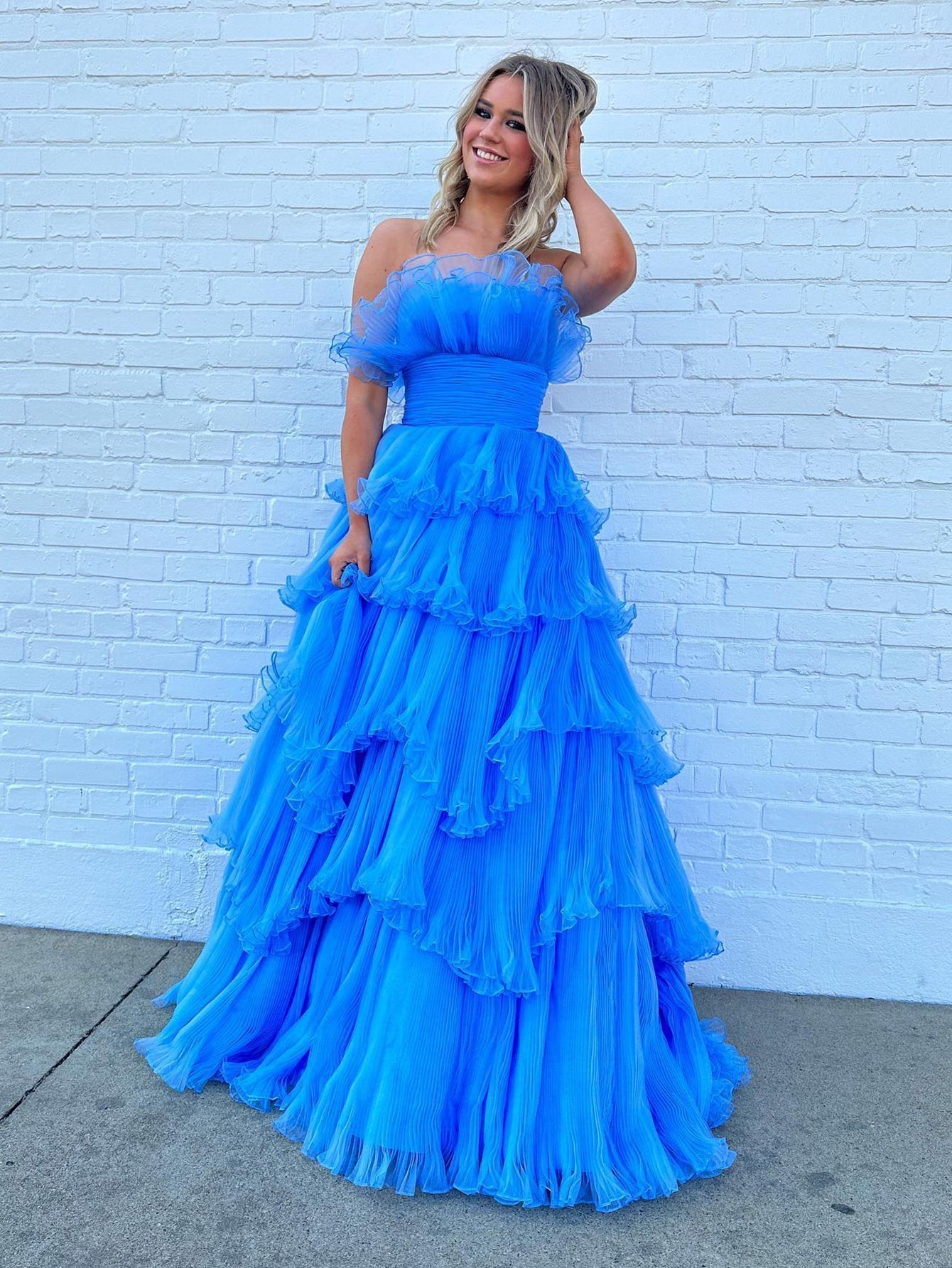 dressimeA Line Strapless Princess Tulle Tiered Layers Ruffles Long Prom Dress 