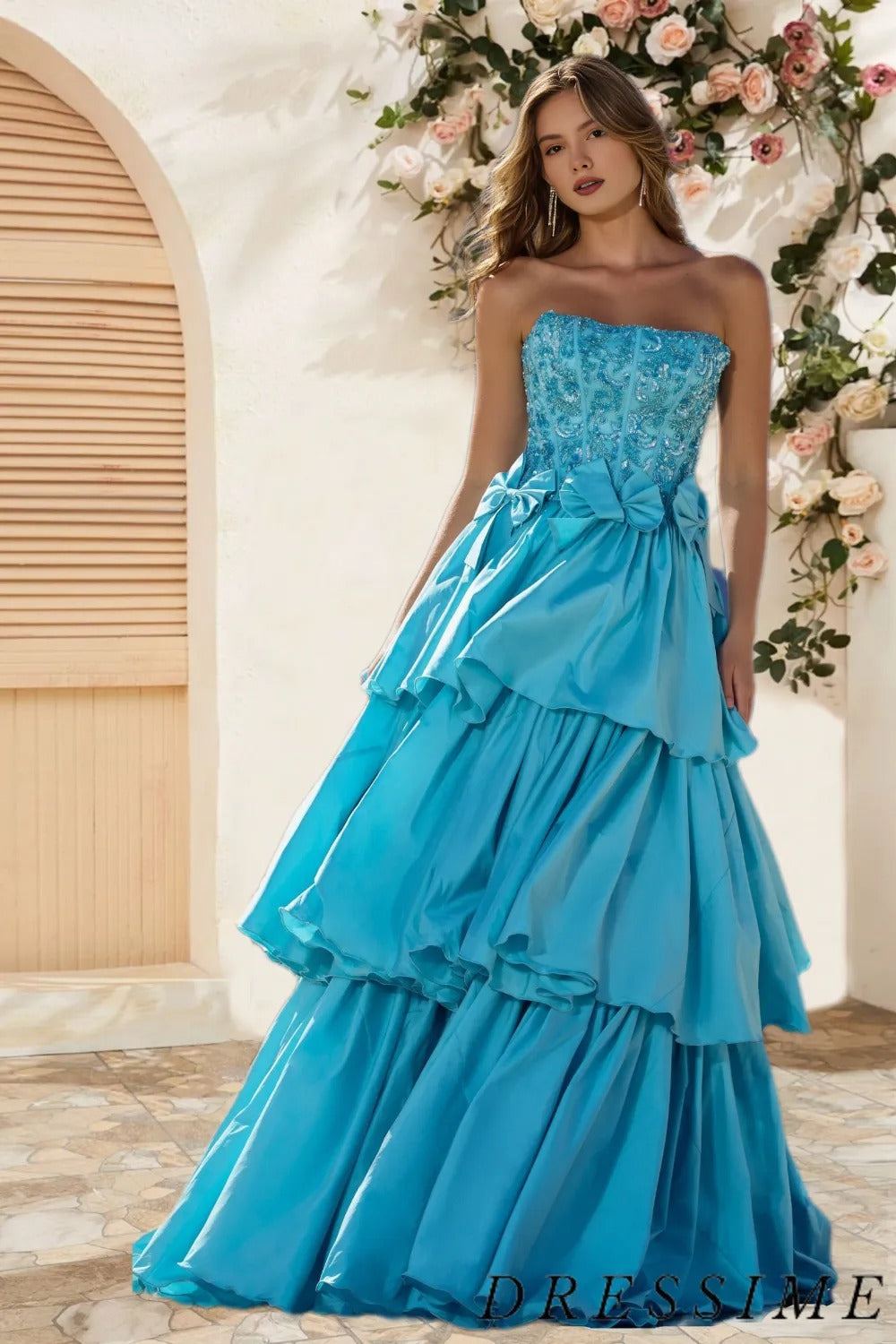 Dressime A Line Strapless Satin Ruffle Beaded Tiered Long Prom Dress with Bowknot dressime