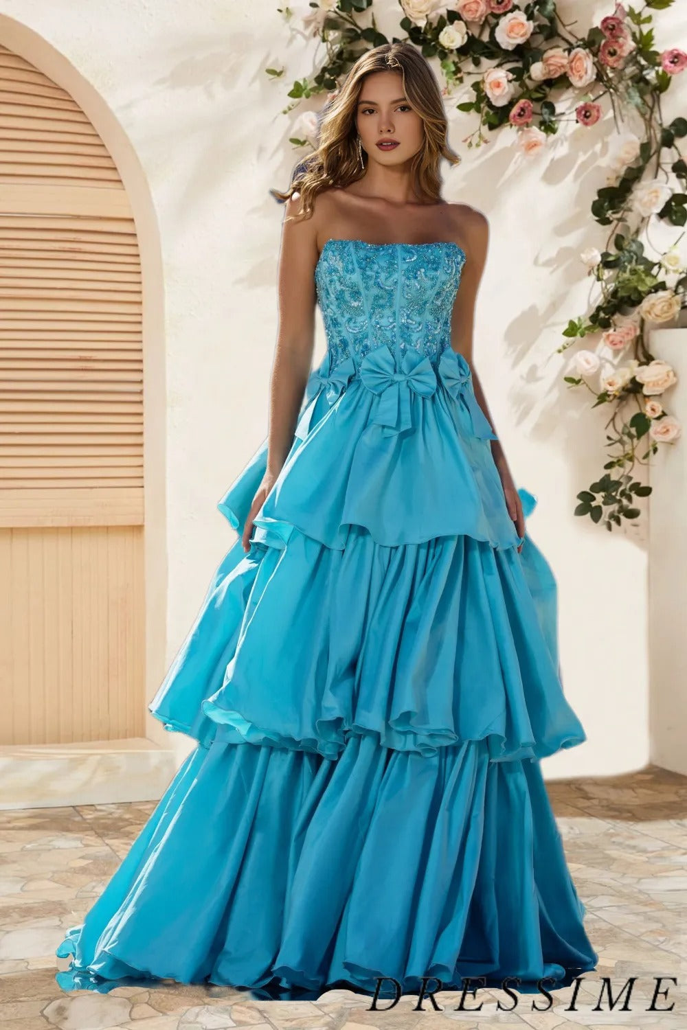 Dressime A Line Strapless Satin Ruffle Beaded Tiered Long Prom Dress with Bowknot dressime