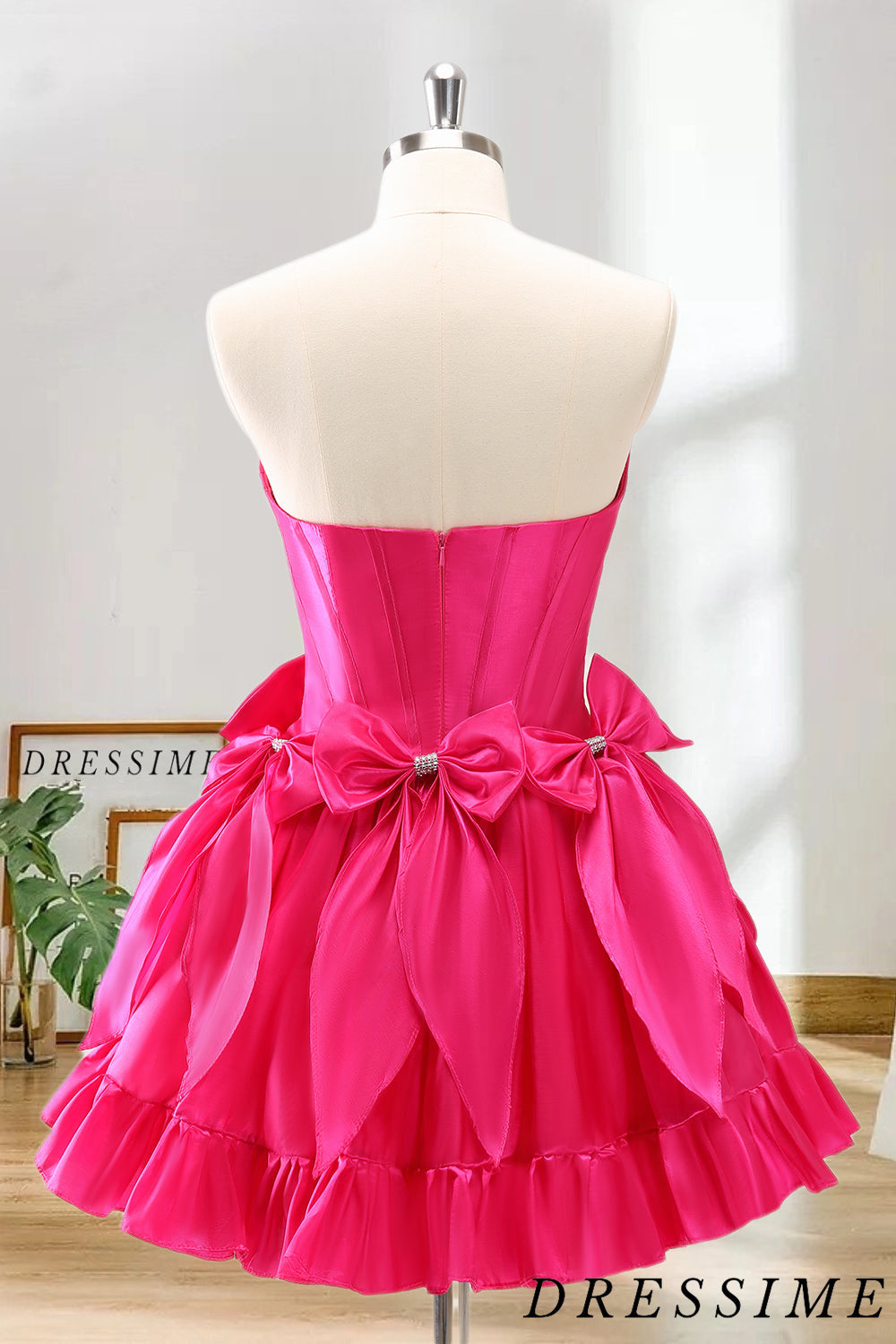 Dressime A Line Strapless Satin Short/Mini Homecoming Dress With Bow dressime