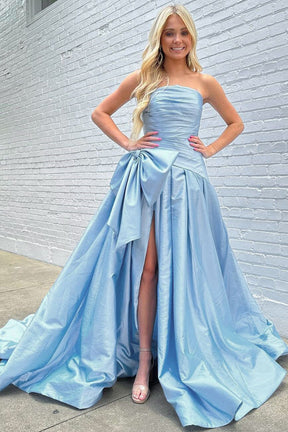 dressimeA-Line Strapless Satin Slit Long Prom Dresses with Bow 