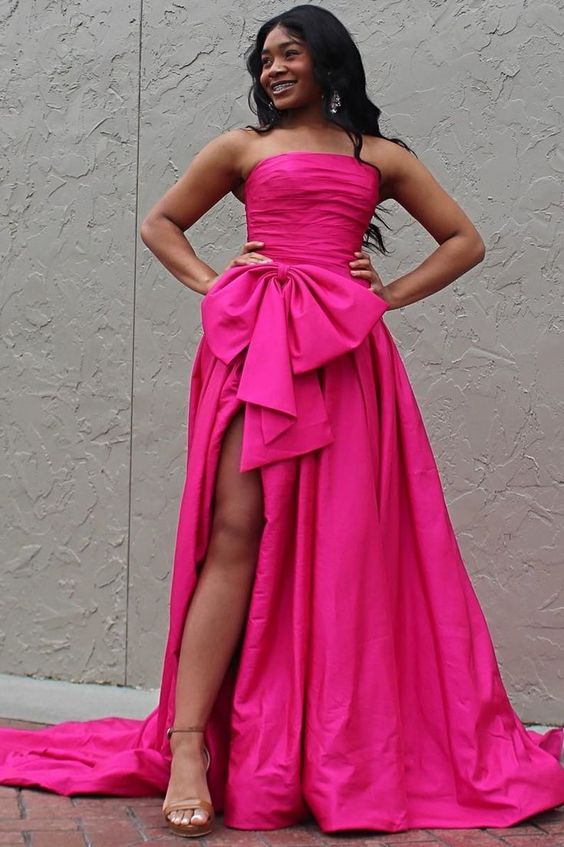 dressimeA-Line Strapless Satin Slit Long Prom Dresses with Bow 