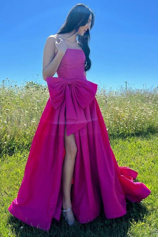 dressimeA-Line Strapless Satin Slit Long Prom Dresses with Bow 