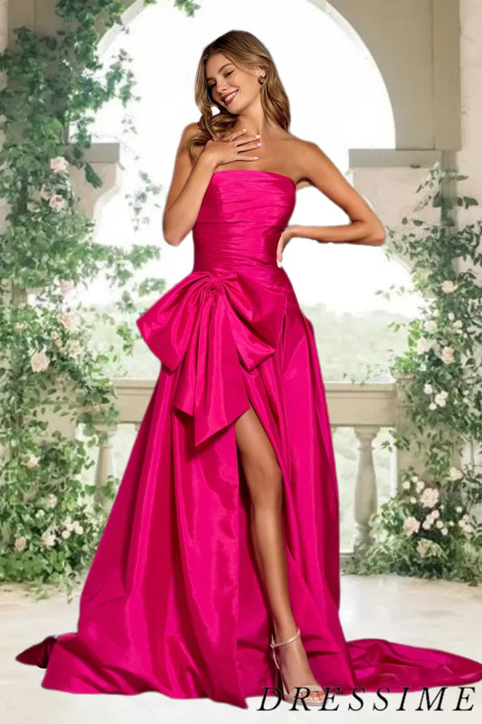 Dressime A-Line Strapless Satin Slit Long Prom Dresses with Bow dressime