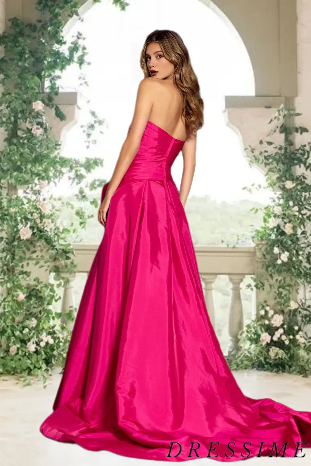 Dressime A-Line Strapless Satin Slit Long Prom Dresses with Bow dressime