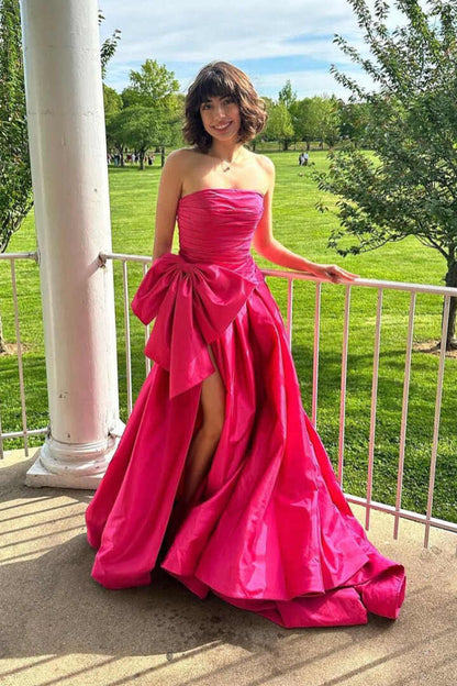 dressimeA-Line Strapless Satin Slit Long Prom Dresses with Bow 