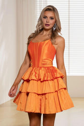 Dressime A Line Strapless Satin Tiered Short/Mini Homecoming Dress With Bow dressime