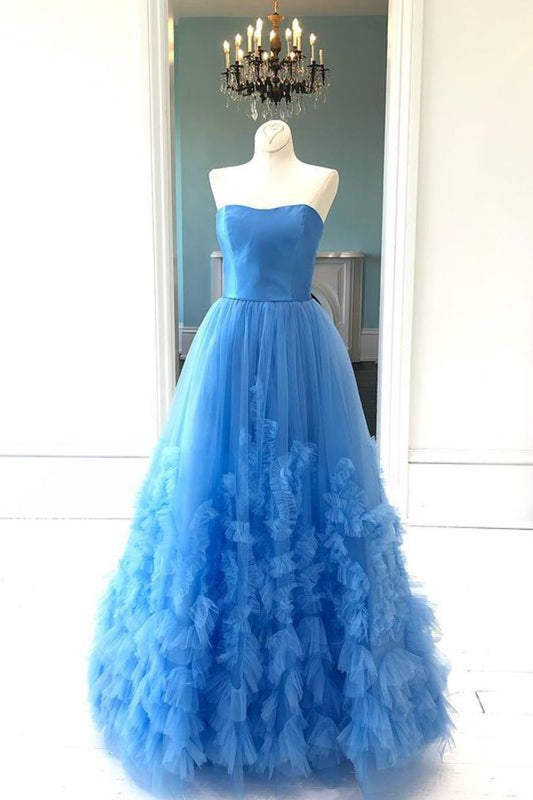 Dressime A Line Strapless Satin & Tulle Long Prom Dress With Ruffle dressime