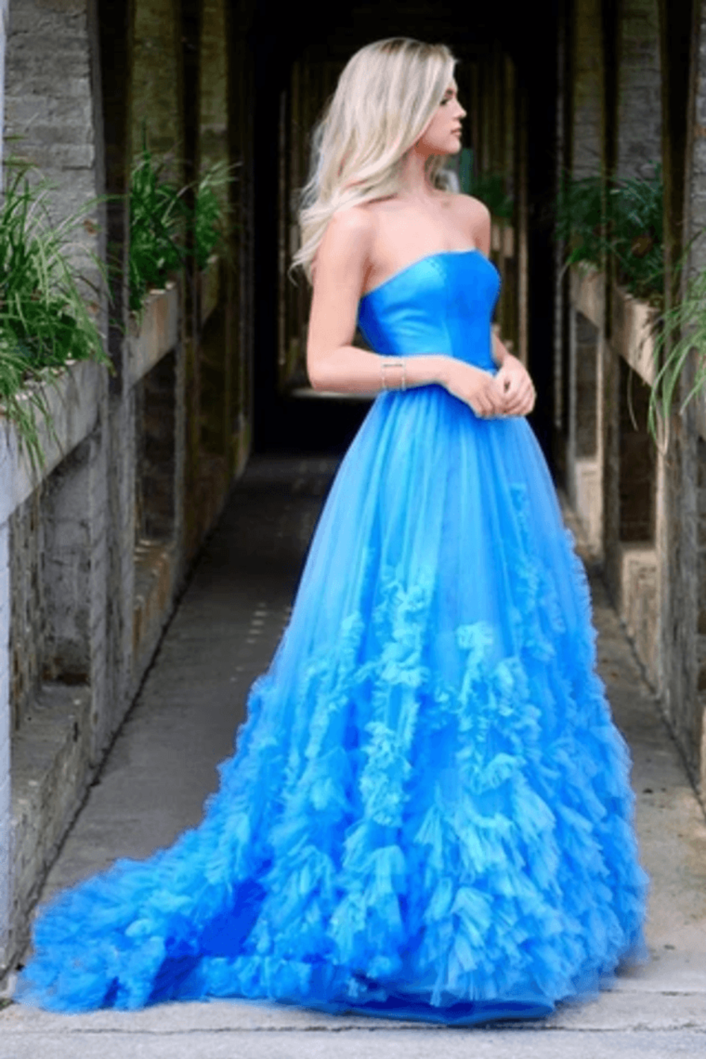 Dressime A Line Strapless Satin & Tulle Long Prom Dress With Ruffle dressime