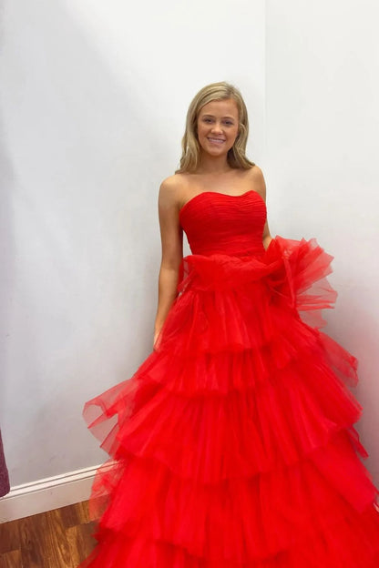 Dressime A-Line Strapless Tiered Tulle Long Prom Dresses dressime