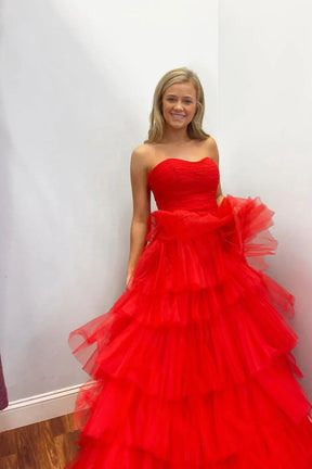 Dressime A-Line Strapless Tiered Tulle Long Prom Dresses dressime