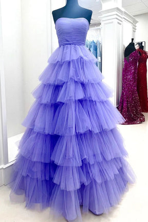 Dressime A-Line Strapless Tiered Tulle Long Prom Dresses dressime