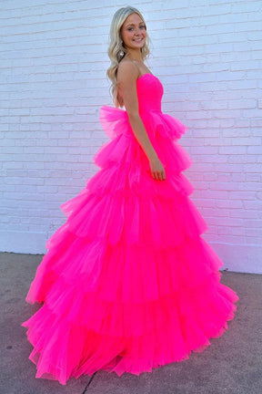 Dressime A-Line Strapless Tiered Tulle Long Prom Dresses dressime