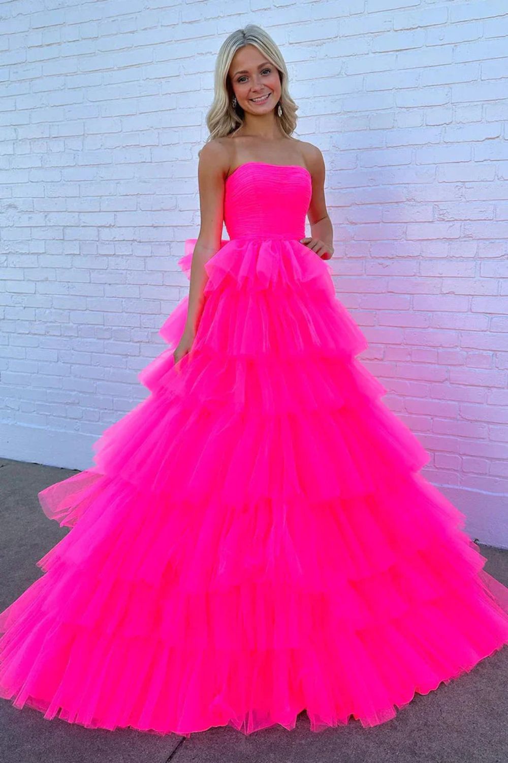 Dressime A-Line Strapless Tiered Tulle Long Prom Dresses dressime