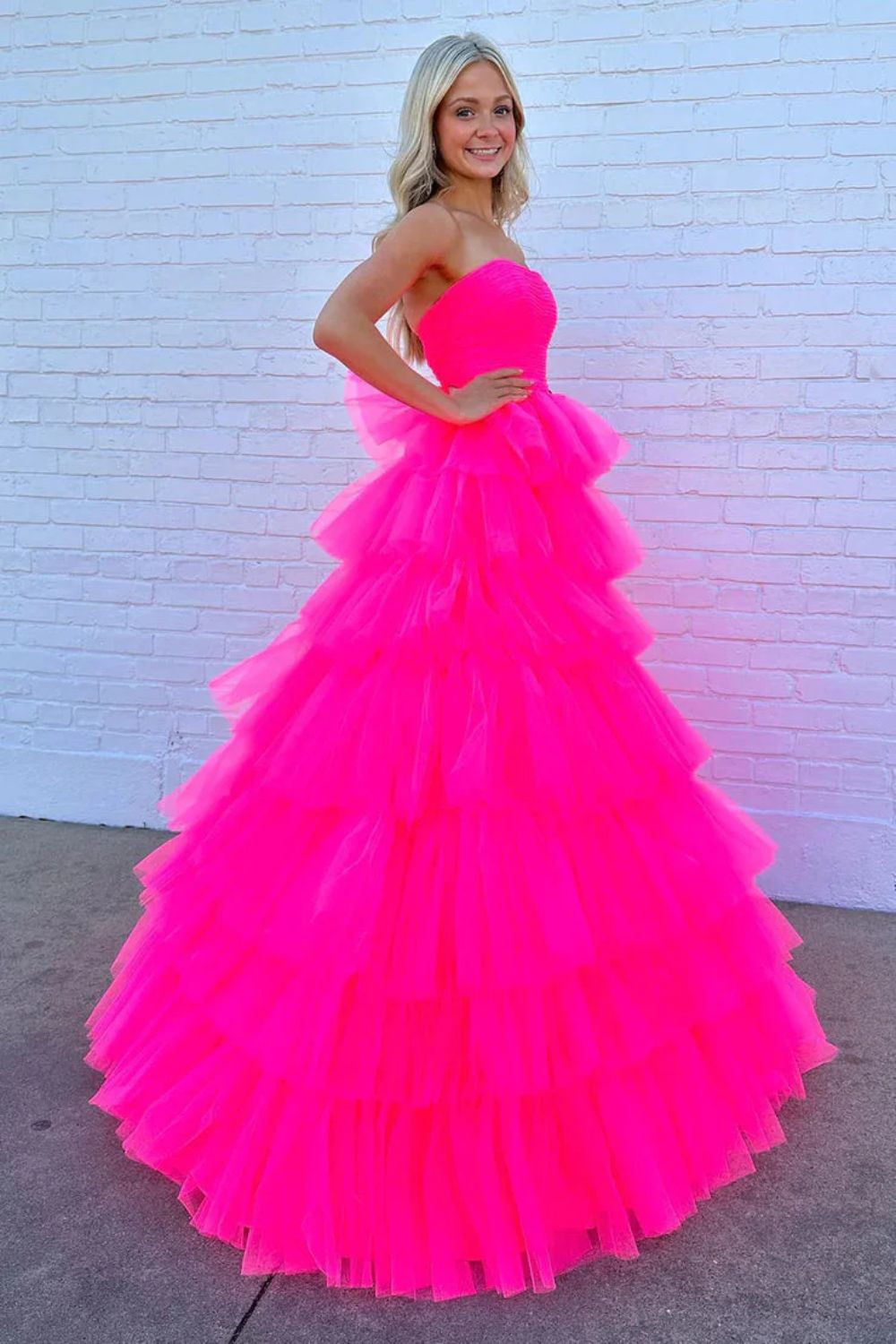 Dressime A-Line Strapless Tiered Tulle Long Prom Dresses dressime