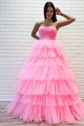 Dressime A-Line Strapless Tiered Tulle Long Prom Dresses dressime