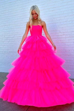 Dressime A-Line Strapless Tiered Tulle Long Prom Dresses dressime