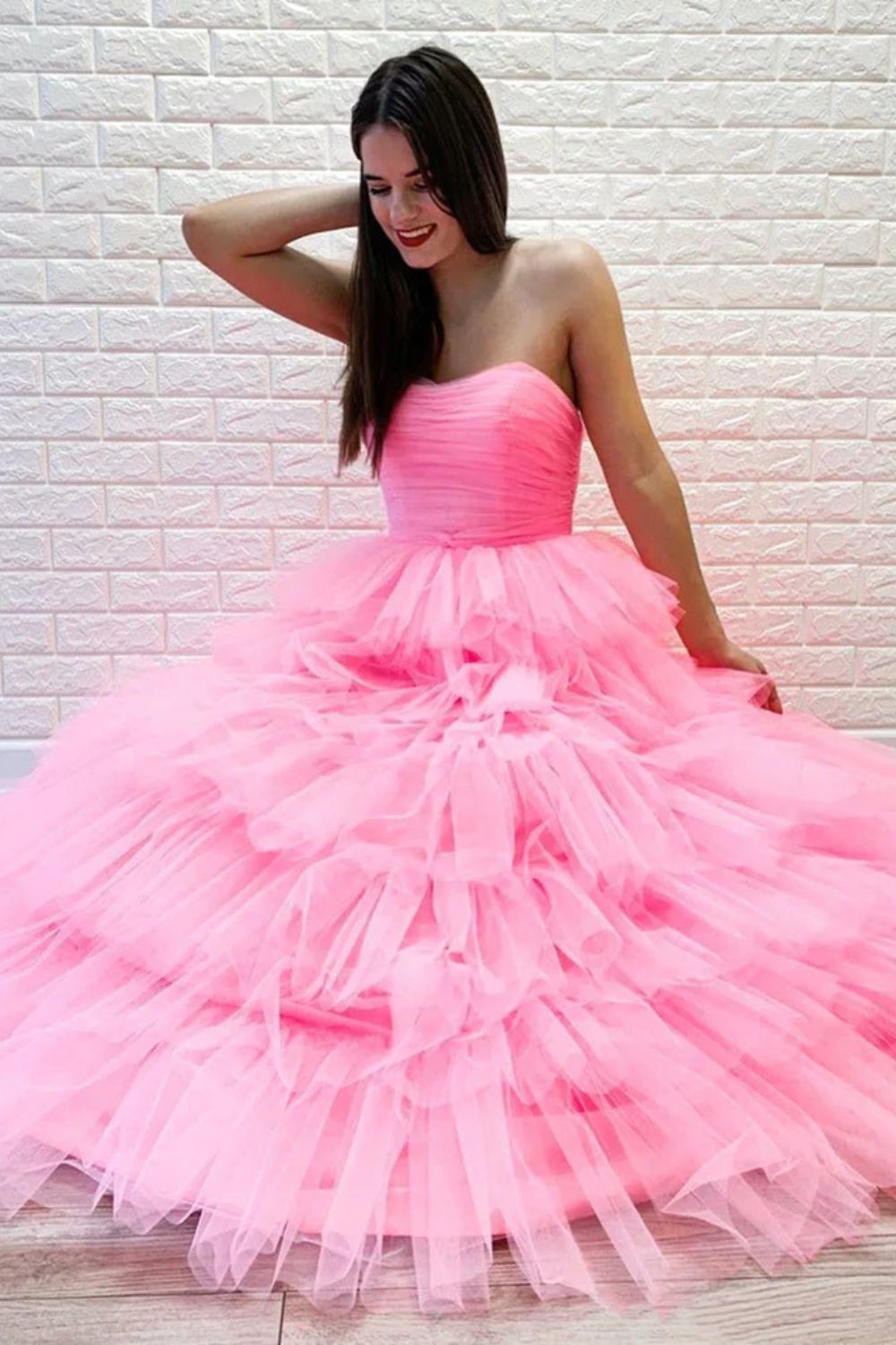 Dressime A-Line Strapless Tiered Tulle Long Prom Dresses dressime