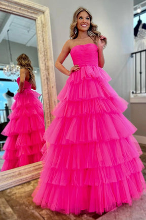 Dressime A-Line Strapless Tiered Tulle Long Prom Dresses dressime