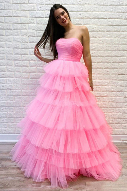 Dressime A-Line Strapless Tiered Tulle Long Prom Dresses dressime