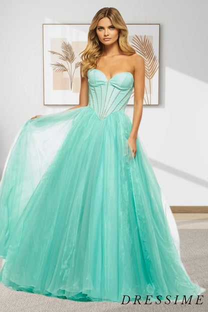 Dressime A Line Strapless Tulle Long Prom Dress With Beaded dressime