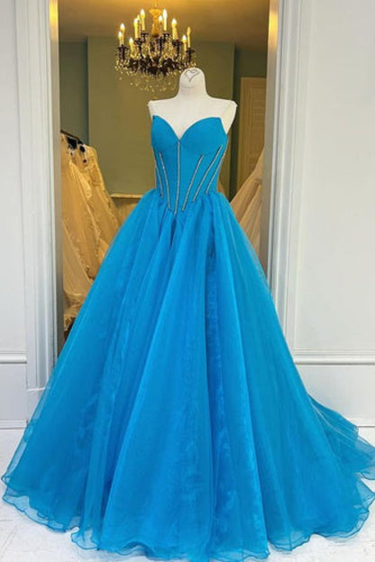 Dressime A Line Strapless Tulle Long Prom Dress With Beaded dressime