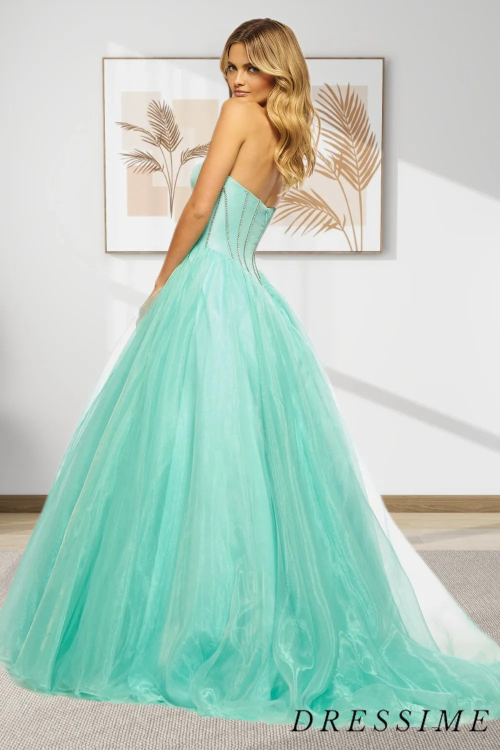 Dressime A Line Strapless Tulle Long Prom Dress With Beaded dressime