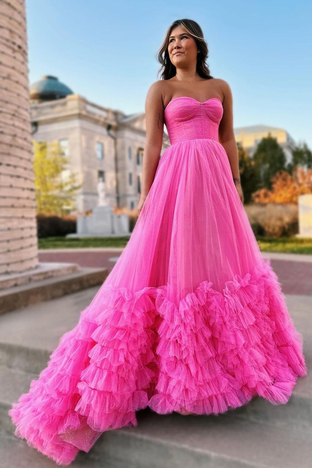 Dressime A Line Strapless Tulle Ruffle Long Prom Dress dressime