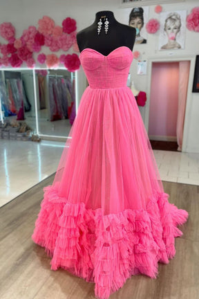 Dressime A Line Strapless Tulle Ruffle Long Prom Dress dressime