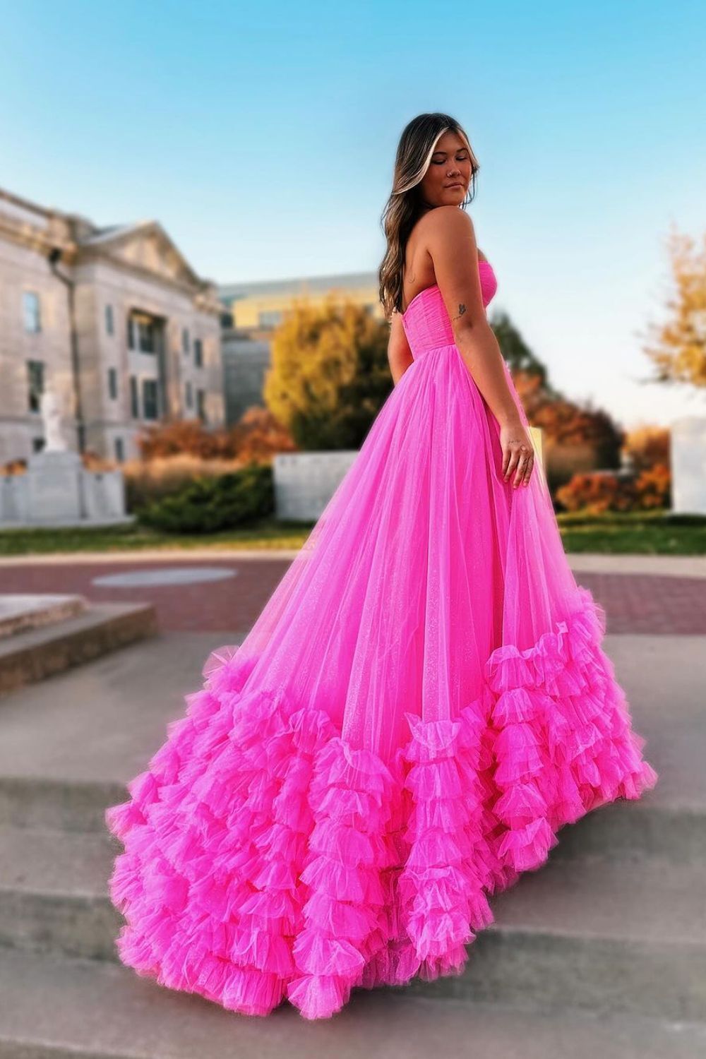 Dressime A Line Strapless Tulle Ruffle Long Prom Dress dressime