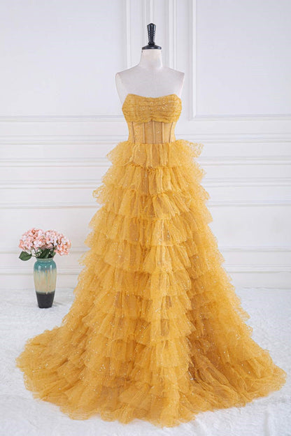 Dressime A-Line Strapless Tulle Sequin Tiered Prom Dresses dressime