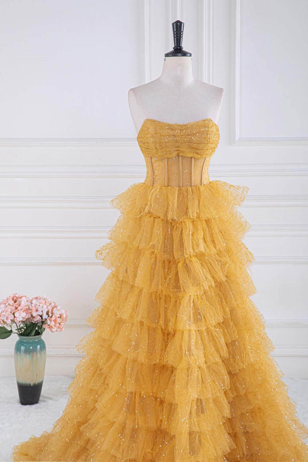 Dressime A-Line Strapless Tulle Sequin Tiered Prom Dresses dressime