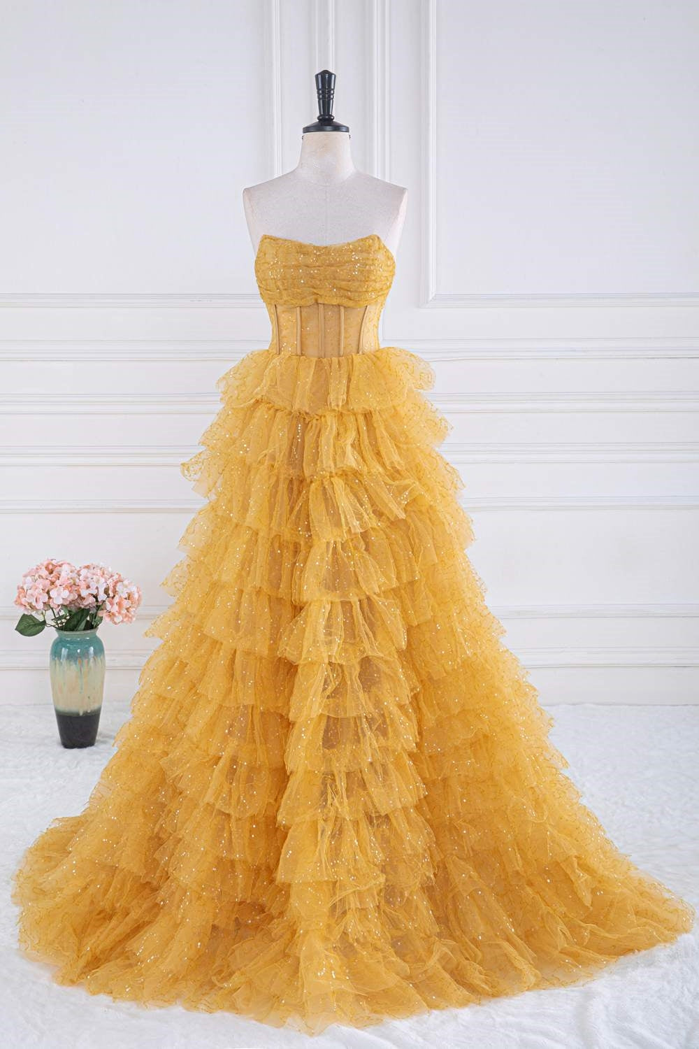 Dressime A-Line Strapless Tulle Sequin Tiered Prom Dresses dressime