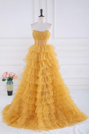 Dressime A-Line Strapless Tulle Sequin Tiered Prom Dresses dressime