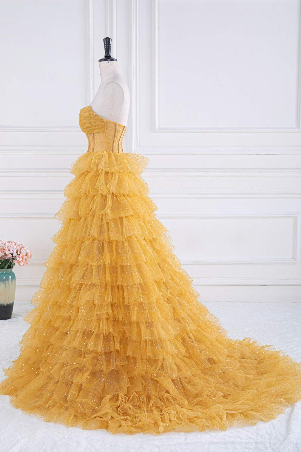 Dressime A-Line Strapless Tulle Sequin Tiered Prom Dresses dressime