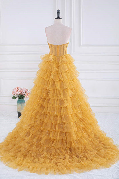 Dressime A-Line Strapless Tulle Sequin Tiered Prom Dresses dressime